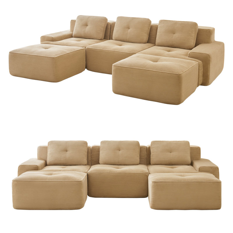 Canapé modulaire en forme de U sans os de 117 po avec repose-pieds, canapé en velours côtelé 3 places avec design capitonné, canapé nuage à assise profonde, aucun assemblage requis et base antidérapante