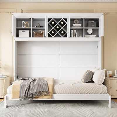 Lit blanc avec armoires de rangement et support à vin pour grand lit - armoire idéale pour les chambres d'amis