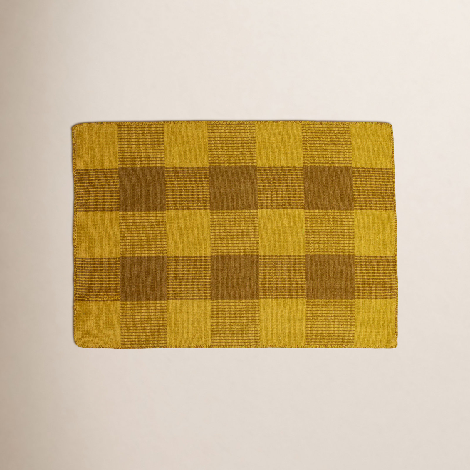Simple Gingham Shag Wool Rug, Rectangle 2' x 3', Mustard/Bronze