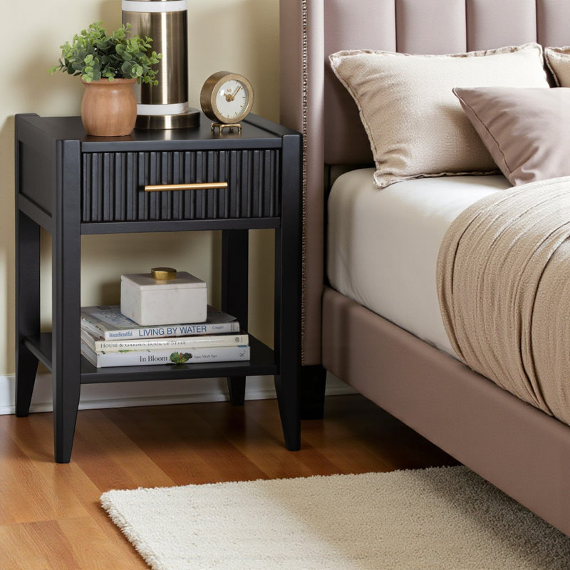 Lynnwood Black 1-Drawer & 1-Shelf Nightstand With Metal Pull, 22.69" H X 17.53" W X 15.57" D, Black