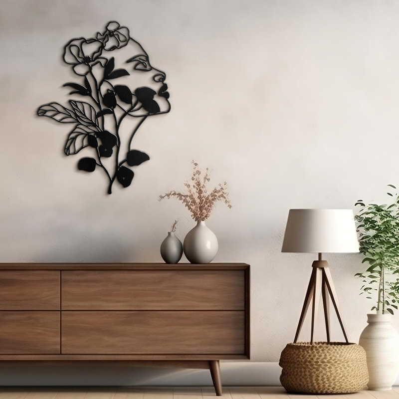 Élégante décoration botanique moderne abstraite murale suspendue en métal, H 24 po x l 18,6 po x P 0,05 po, Noir