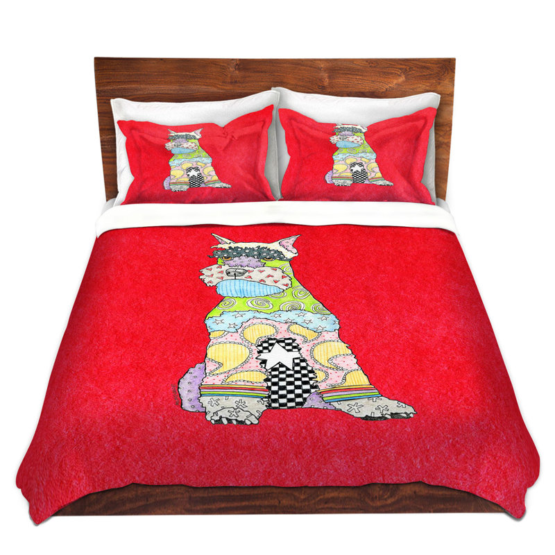Ensemble de housse de couette schnauzer dog, 1 housse de couette grand + 2 taies standards, Rouge / jaune / gris