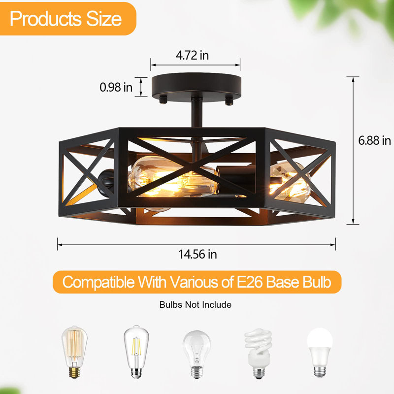 3 Light Hexagon Cage Flush Mount Ceiling Light Fixture, Black