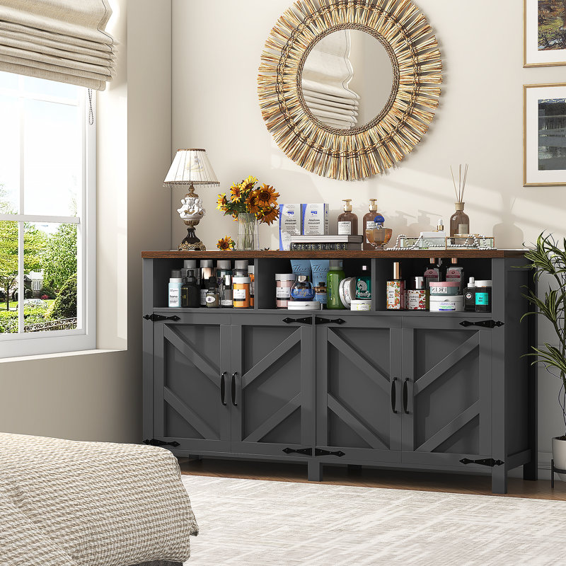 Buffet 55 po à 4 portes avec 4 portes, armoire de rangement pour la ferme avec tablettes réglables, armoire en bois et table basse pour la salle à manger, entrée, noir