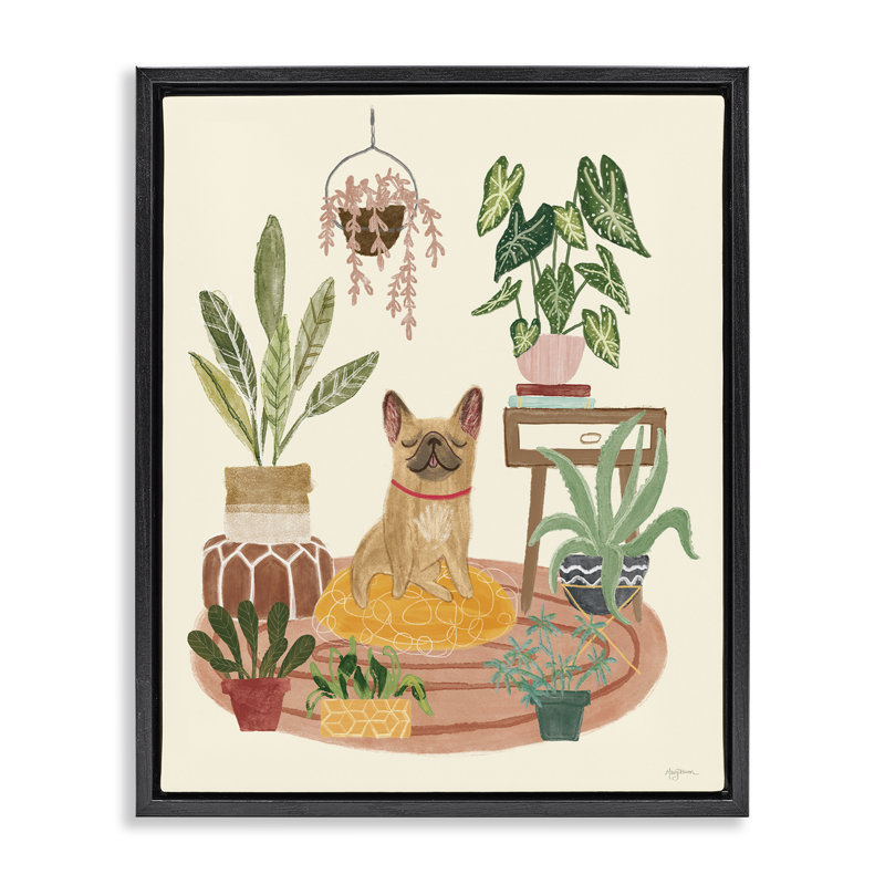«Pug Dog with Plants» par Mary Urban, Cadre flottant noir de jais, H 21 po x l 17 po