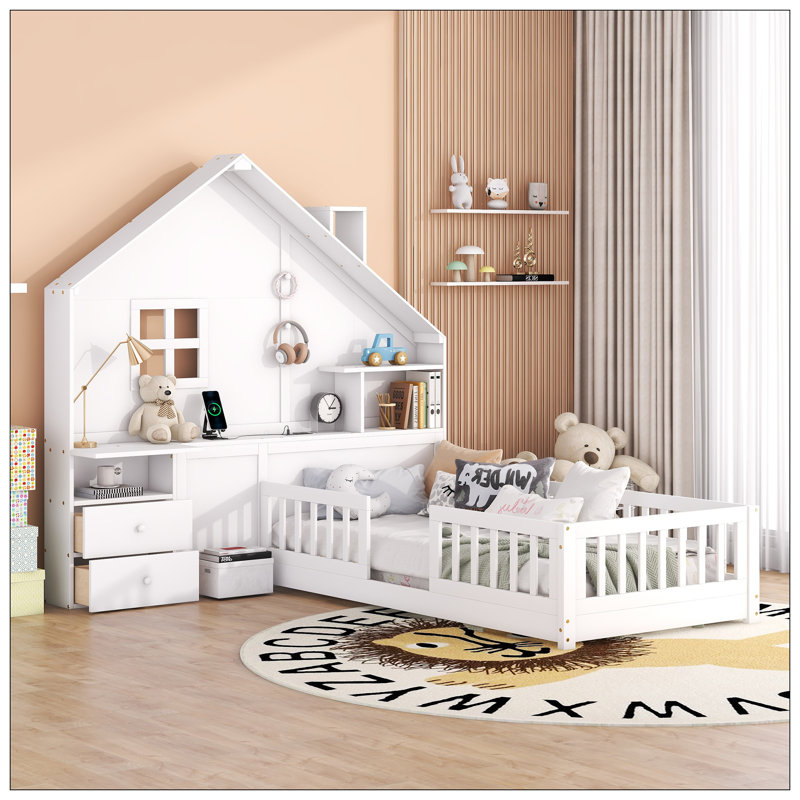 House Bed with Built-In Desk, Storage (Shelves & Drawers), and USB Charging, Twin, White