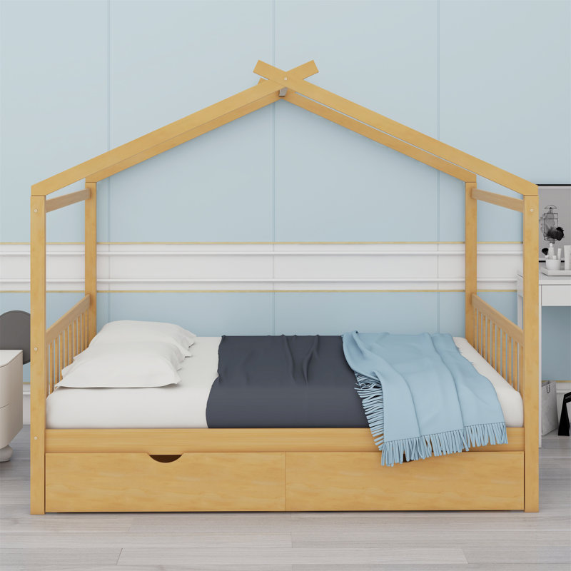 Lit plateforme House avec deux tiroirs, tête de lit et pied de lit, Naturel