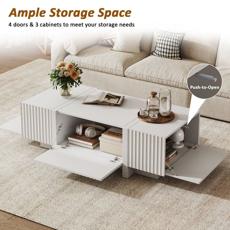 50.8" Modern Fluted Coffee Table with Storage, 4-Door Rectangle Coffee Table with Large Tabletop, White, White