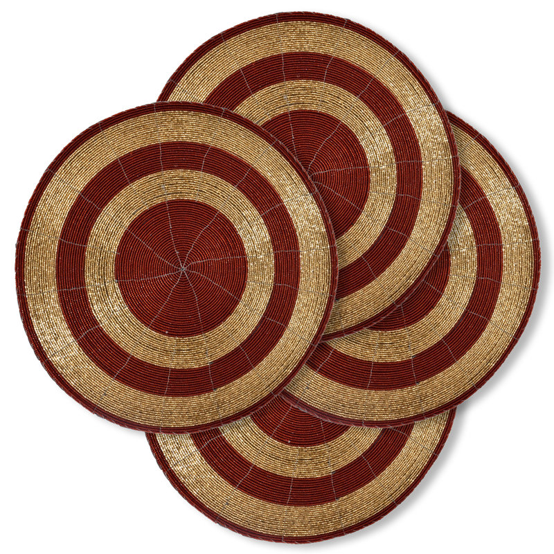 Penman Handmade Round Beaded Placemats Set of 4 – 14-inch Scratch-Resistant Table Decor Christmas Gift, Red Gold