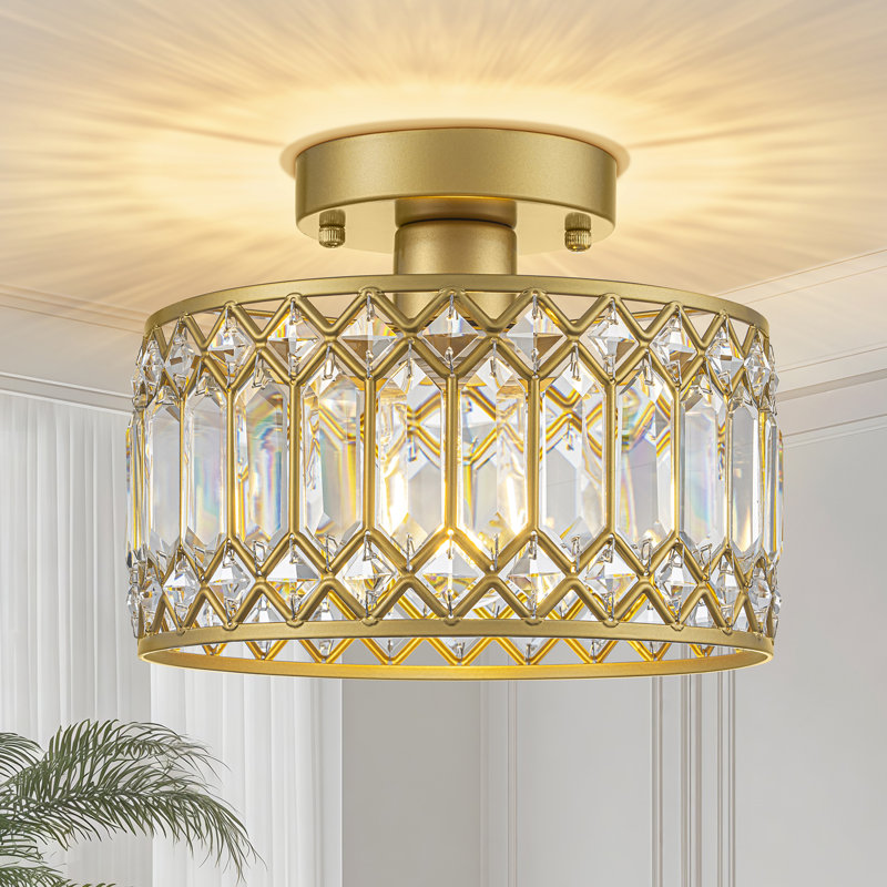 Luxury Crystal Drum Semi Flush Mount Light, Gold, 9" Width