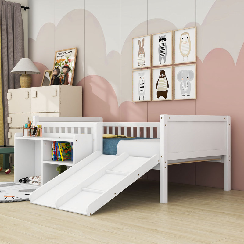 Twin Wood Low Loft Bed with Slide and Storage Shelves, White