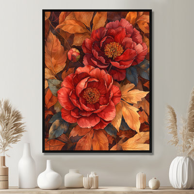 Pivoines rouges parmi les feuilles d'automne II - pivoines, art mural