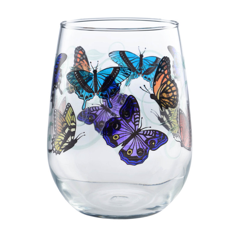 Culver 15 oz. Stemless Wine Glass Set with Butterfly Design