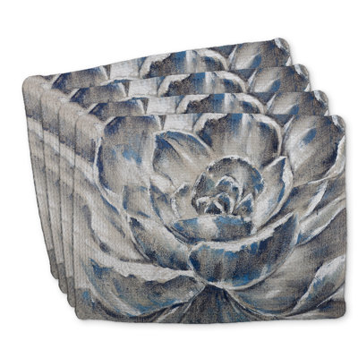 Ensemble de 4 napperons en polyester tressé - fleur grise et bleue