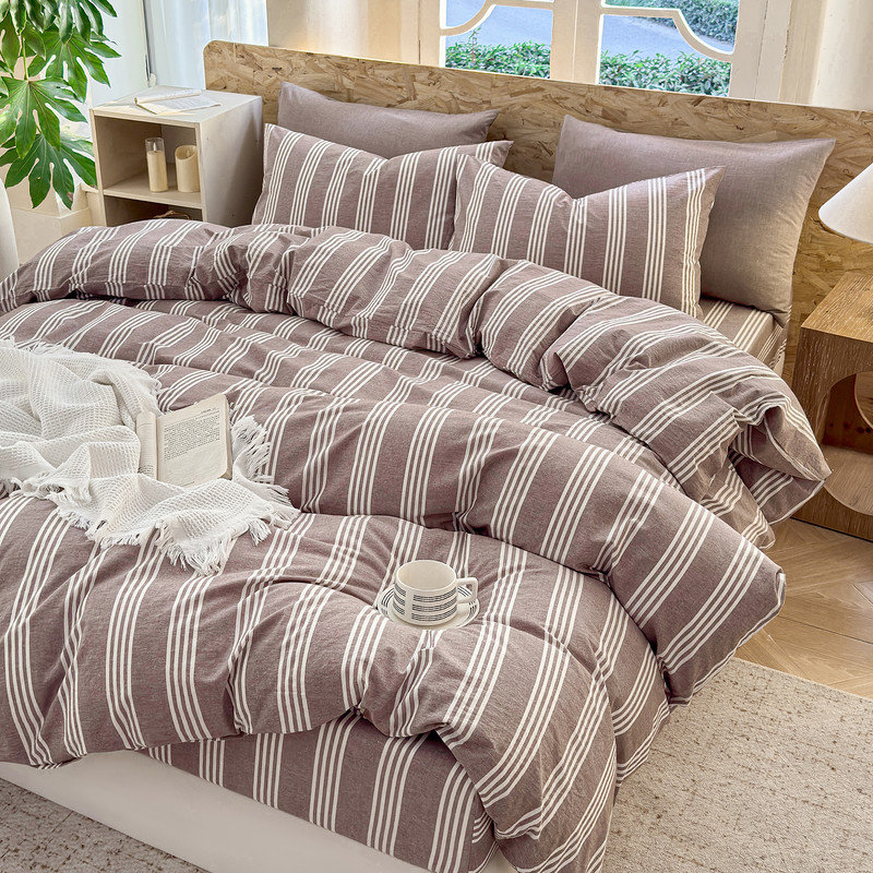 Ensemble de housse de couette rayé 100% coton délavé 3 pièces DONEUS, Housse de couette grand et 2 taies d'oreiller stan