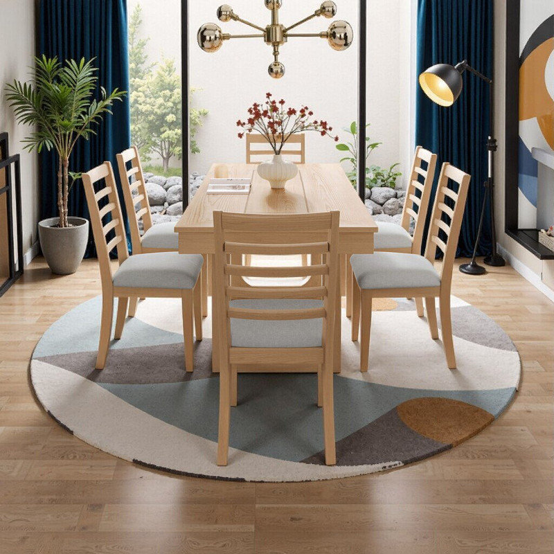 Ensemble de table de salle à manger extensible 7 pièces avec 6 chaises rembourrées, Beige, naturel