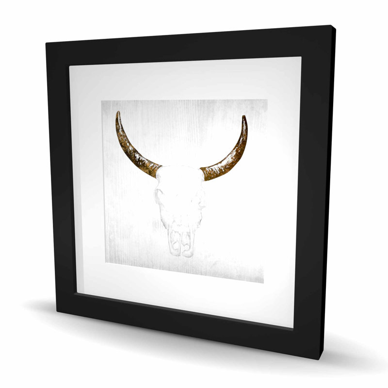 Tête de taureau avec cornes brunes - reproduction encadrée pour décor animalier, Noir