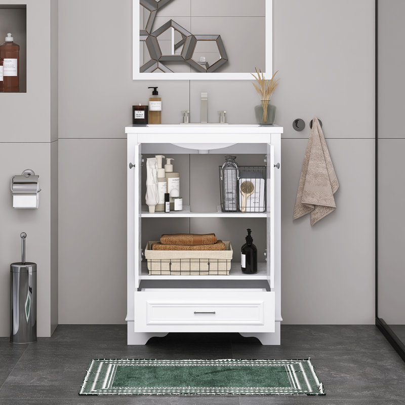 24 po Ensemble de meuble-lavabo autoportant avec comptoir en céramique, Argent argent, Blanc