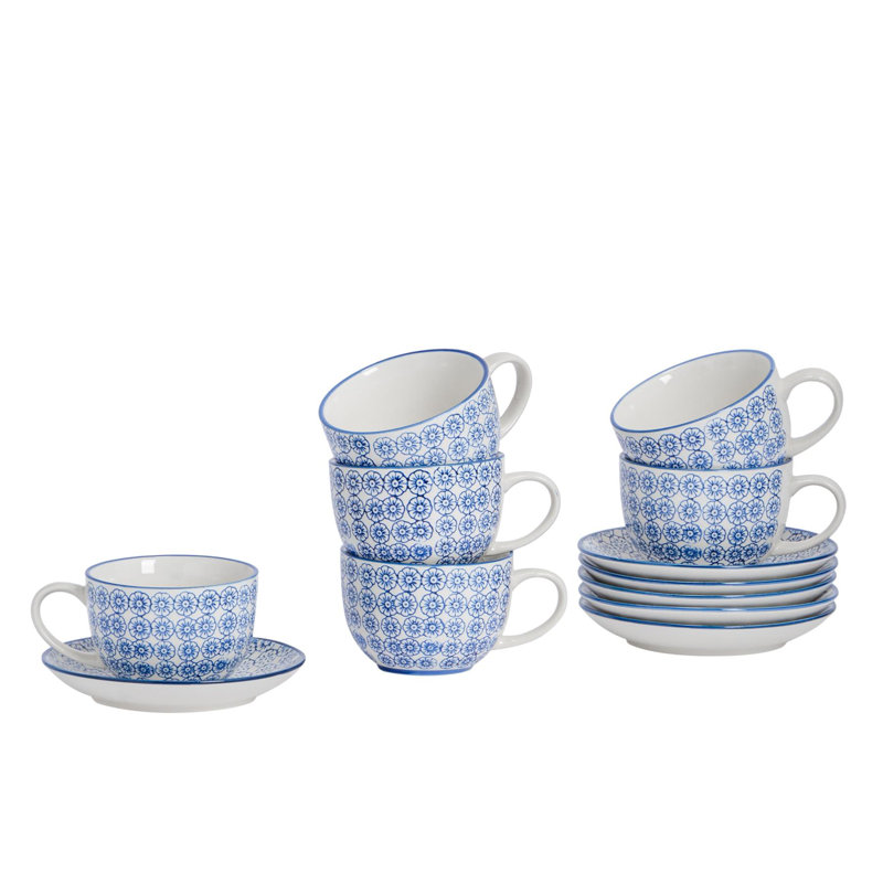 Nicola Spring - Hand-Printed Cappuccino Cup & Saucer Set - 250ml - Navy, 24