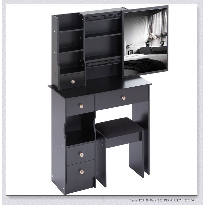 Compact Vanity Table With Extra Large Sliding Mirror, Multi-Layer Storage, And Cushioned Stool For Small Spaces, Black