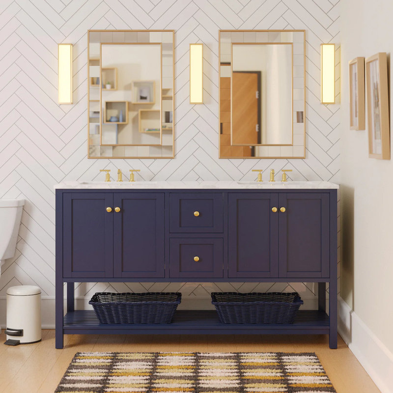 Binne 60'' Double Bathroom Vanity with Top, Royal Blue, Carrara Marble