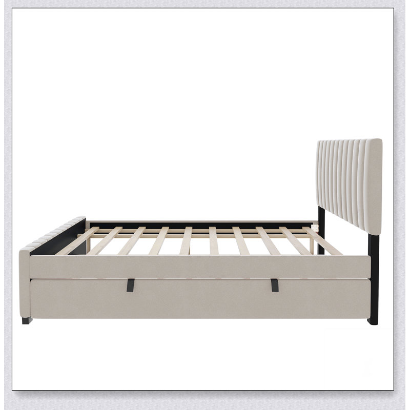 Lit plateforme double tapissier en velours avec lit gigogne simple, Beige