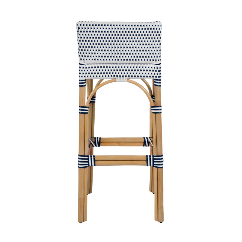 Serienna Blue & White Rattan Low Back Counter Stool, White/Blue Dot, Bar Stool (30" Seat Height)