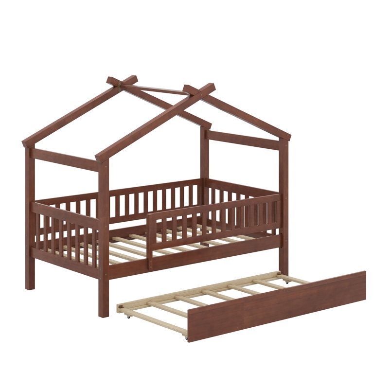 Wooden House Bed With Trundle, Lit simple, Noyer