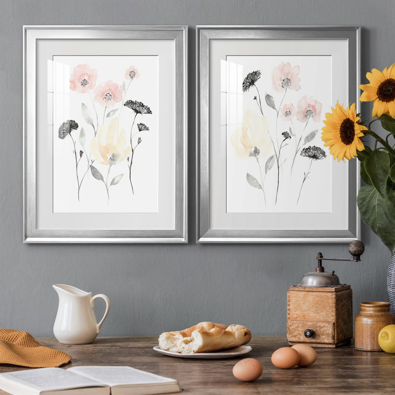 " Blush & Black Wildflowers I " 2 - Pieces Painting Print, Silver, 42.5" H x 30.5" W x 1" D