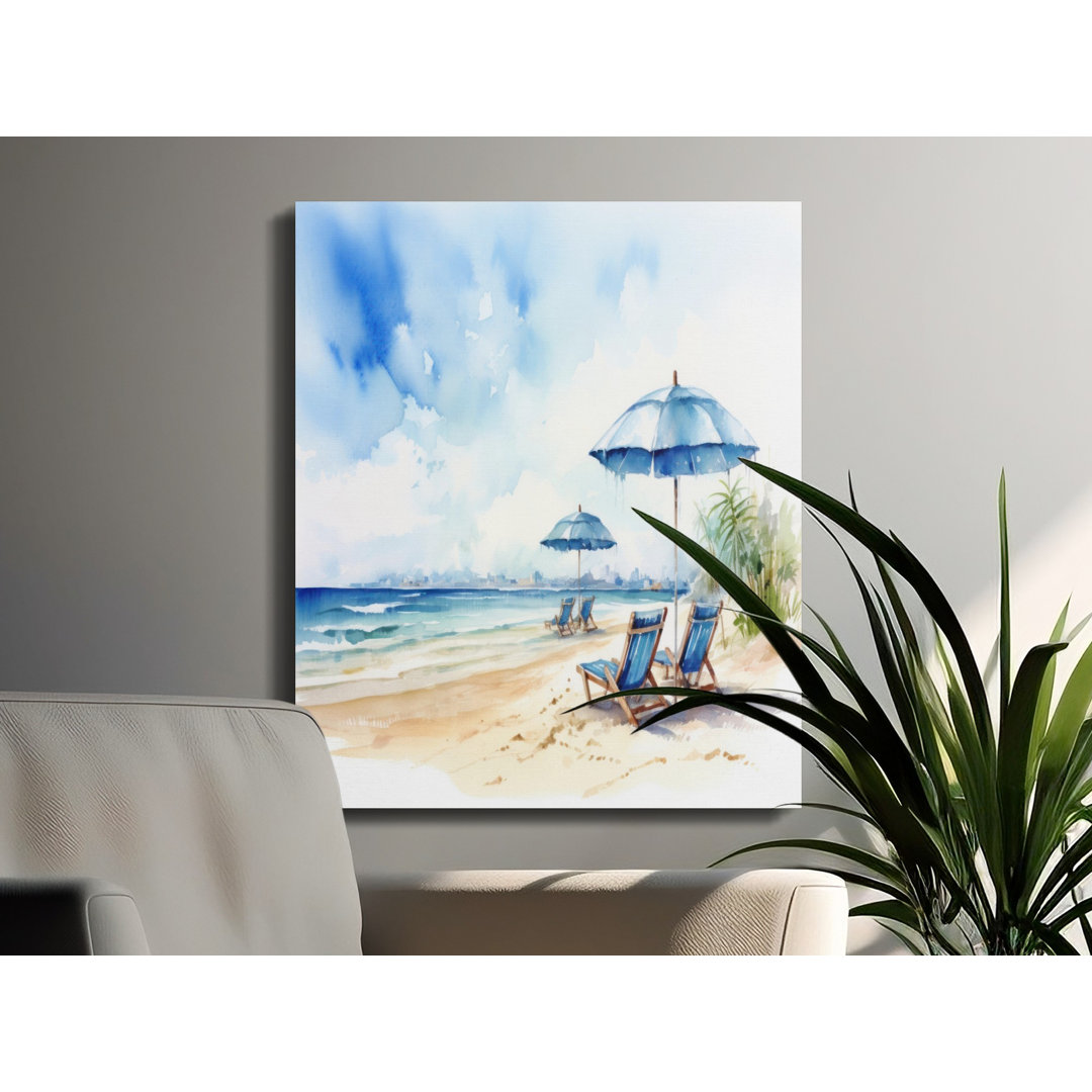 Beach Scene Canvas Wall Art, Watercolor Ocean View, Ready to Hang, Gallery Wrapped, Beach Chairs and Umbrellas, Modern Decor, Statement