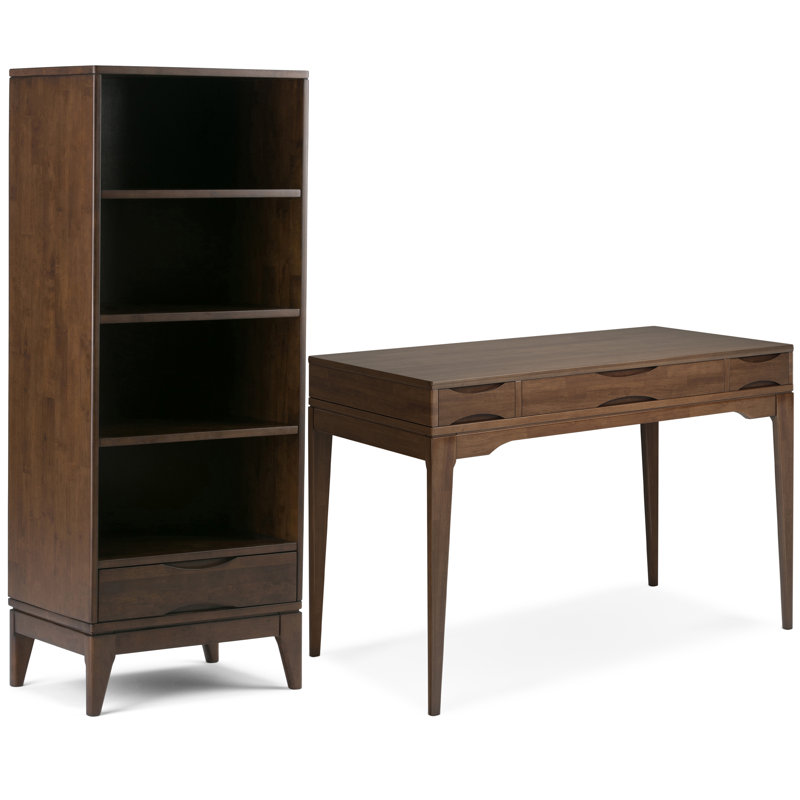 Droagh Solid Wood Mid Century Modern 48 Inch Wide Desk With 24 Inch Wide Bookcase In Walnut Brown (set Of 2)