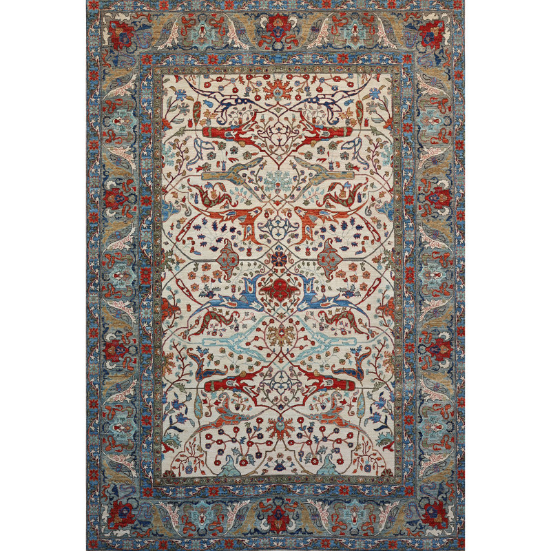 Tapis ivoire et multicolore de haute qualité noué à la main