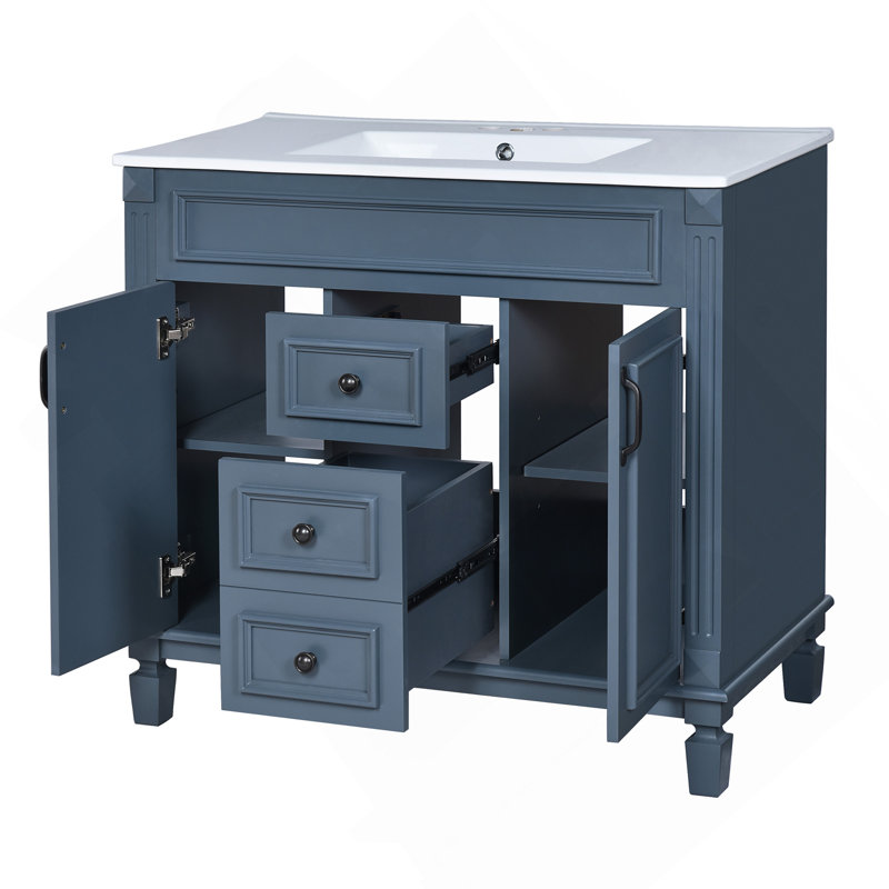 Meuble-lavabo 36 po avec lavabo supérieur, armoire de rangement moderne avec 2 portes à fermeture douce et 2 tiroirs, meuble-lavabo simple