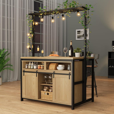 42" Kitchen Island Storage with Sliding Barn Door, Table Island Kitchen Cabinet with 2 Side Hooks, 3-Tier Shelves, Multi-Functional Dining Storage for Living Room