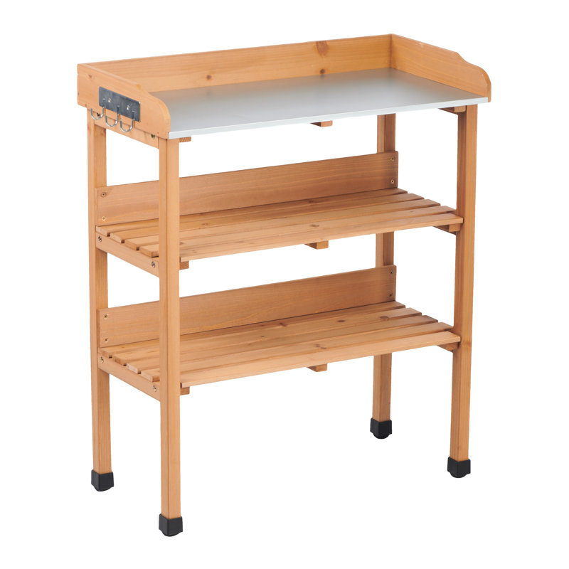 30X14.535.5 Three - Layer Solid Wood Potting Table With Metal Top, Outdoor Work Bench For Garage And Diy Projects, With Built In Hooks Adjustable Feet Functionality 30.5L 14.6W 35.5H Tier Gardening