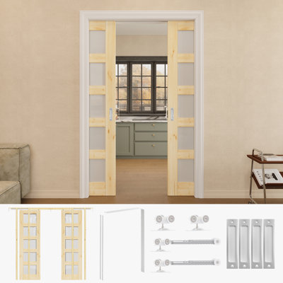 Porte en bois de pin massif 48 po x 80 po à 5 portes en verre massif avec quincaillerie argentée et cadre de porte blanc