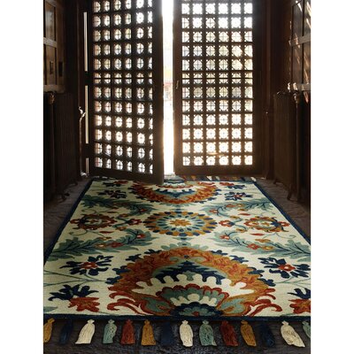 Kyra Floral Handmade Tufted Wool Blue/Orange/Beige Area Rug -  Alcott HillÂ®, B945ED172F3845C2A9848B48F659F716