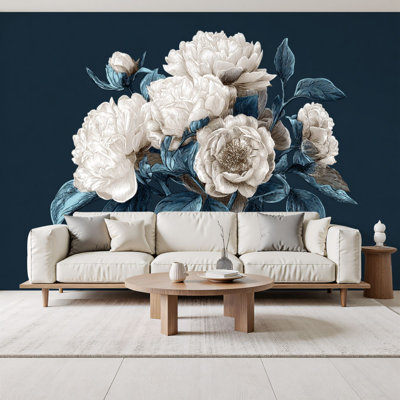 Floral Peel and Stick Wallpaper Vintage Peony Artwork Gold Accents Dark Blue Leaf Wall Murals 69"H x 96"W Removable PVC Wall Paper Self-Adhesive Wall Paintings Art Decor for Boys Bedroom Play Room Men Cave Beauty Salon