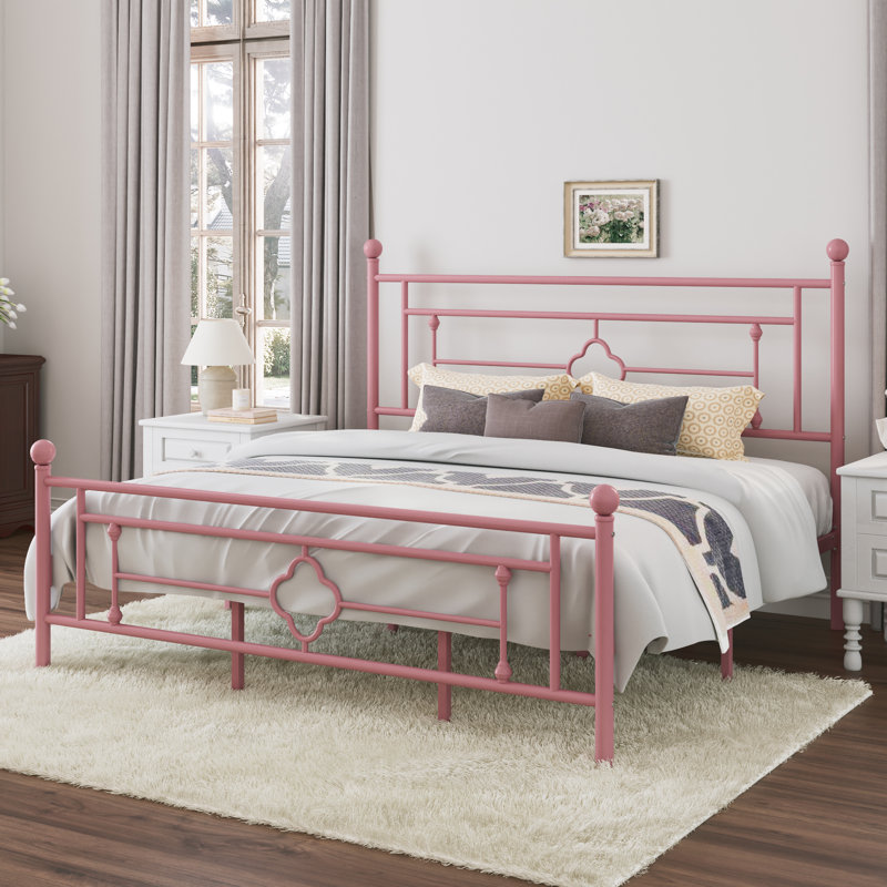 Base de lit plateforme en métal Ajayceon avec tête et pied de lit de style rétro, Très grand, Rose