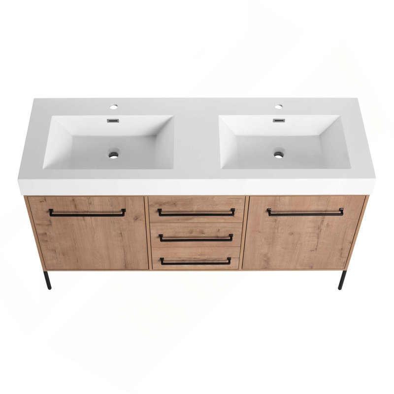 Meuble-lavabo autoportant de 60 po avec lavabo double en résine blanche, 2 portes d'armoire à fermeture en douceur et 3 tiroirs (KD-PACKING)