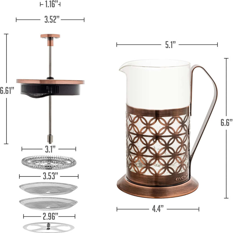 OVENTE French Press Coffee Maker 34 Ounce with Heat Resistant Borosilicate Glass, Stainless Steel Design and 4-Level Filter System, Portable Cold Brewer Pot for Travel, Camping or Gift, Copper FSF34C