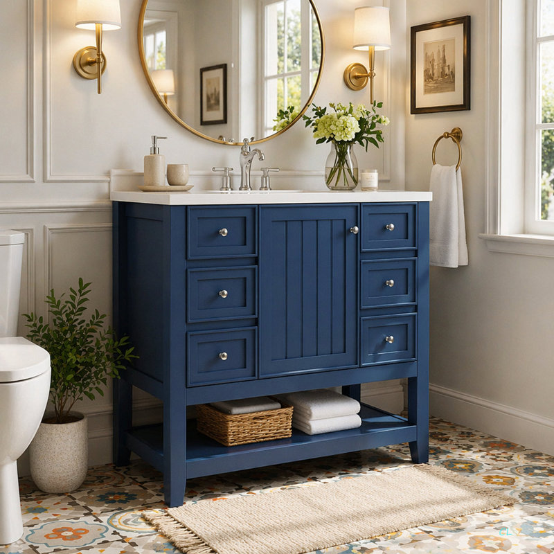 Meuble-lavabo 36 po avec lavabo, une armoire et trois tiroirs, panneau de bois massif et panneau de fibres à densité moyenne