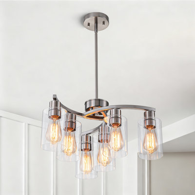 FTL Modern Farmhouse Black Chandeliers for Dining Room Light Fixture over Table, 6-Light Clear Glass Chandelier for Entryway Bedroom Living Room, Adjustable Height Hanging Pendant Light Kitchen Island