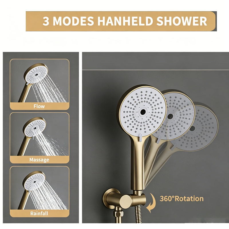 12 Inch Rainfall Shower System with Brass Valve - 2 Function (Top/Hand) & 3 Modes Handheld Shower (High Pressure)