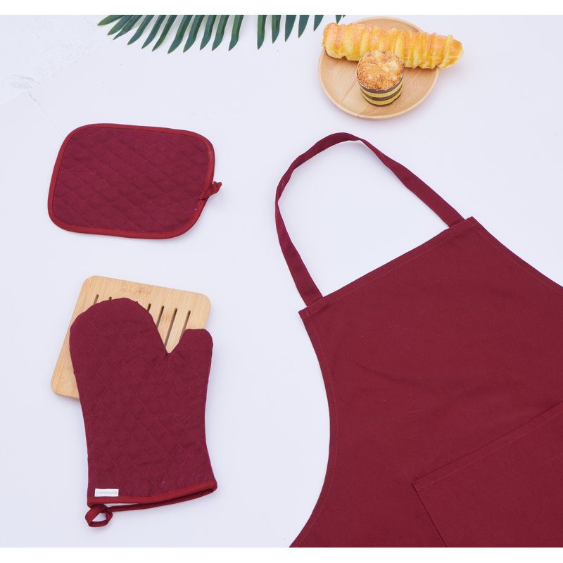 Waterproof Linen Cotton Apron Set With Heat-Resistant Hot Pads And Oven Mitt, Wine Red