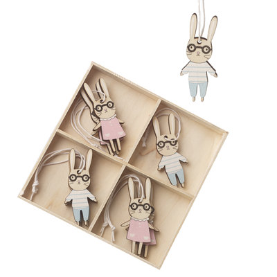 Hanging Wooden Bunnies In Glasses Set