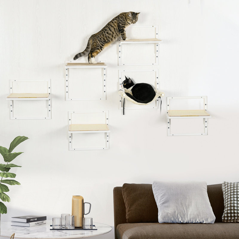 Ensemble de 6 tablettes murales pour chat 6 pièces pour chats d'intérieur, plateformes de saut à hauteur réglable et hamac pour chat, tablettes et perchoirs pour arbre à chat mural, ensemble de tablettes d'escalade pour chat, crème