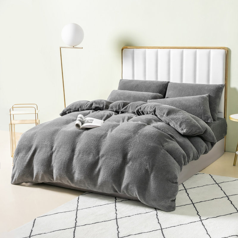 Teddy Fleece Duvet Cover set, Dark Grey, Single - 1 Standard Pillowcase