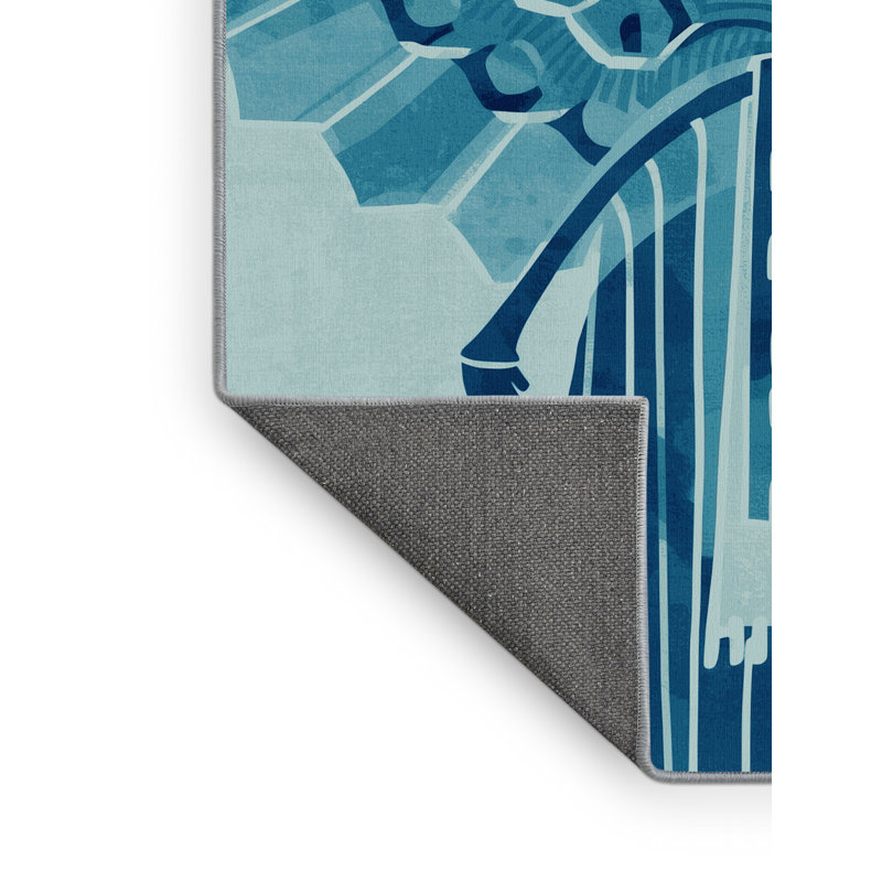 Tapis art déco doux et moelleux à motif tlahuizcalpantecuhtli bleu ciel - Reliure bleu ciel, 2 pi x 3 pi