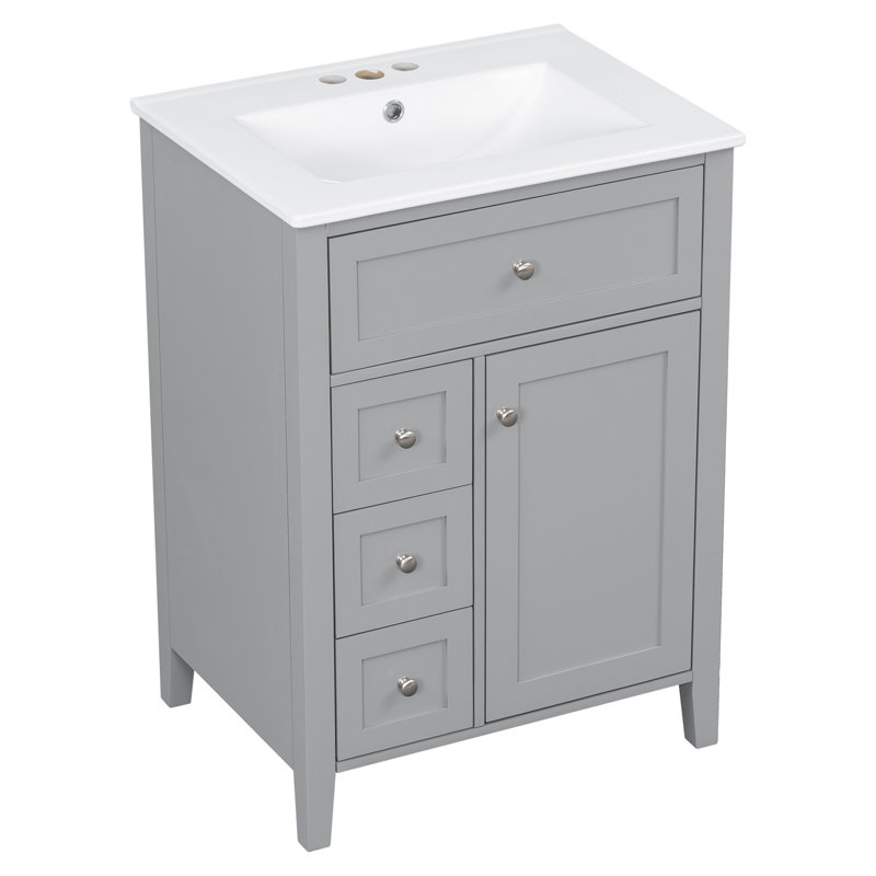 24" Grey Bathroom Vanity With Sink, MDF & Rubberwood Construction, 3 Drawers & Cabinet With Adjustable Shelves, Modern Design For Small To Medium Bathrooms
